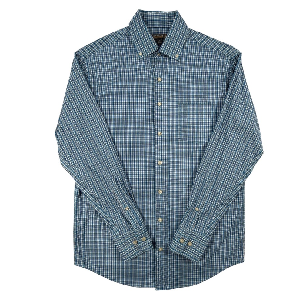 Peter Millar Summer Comfort Mens Medium Button Down Shirt Blue Plaid Performance